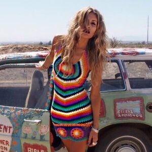 Rat & Boa Inferno Rainbow Crochet Mini Festival Halter Dress